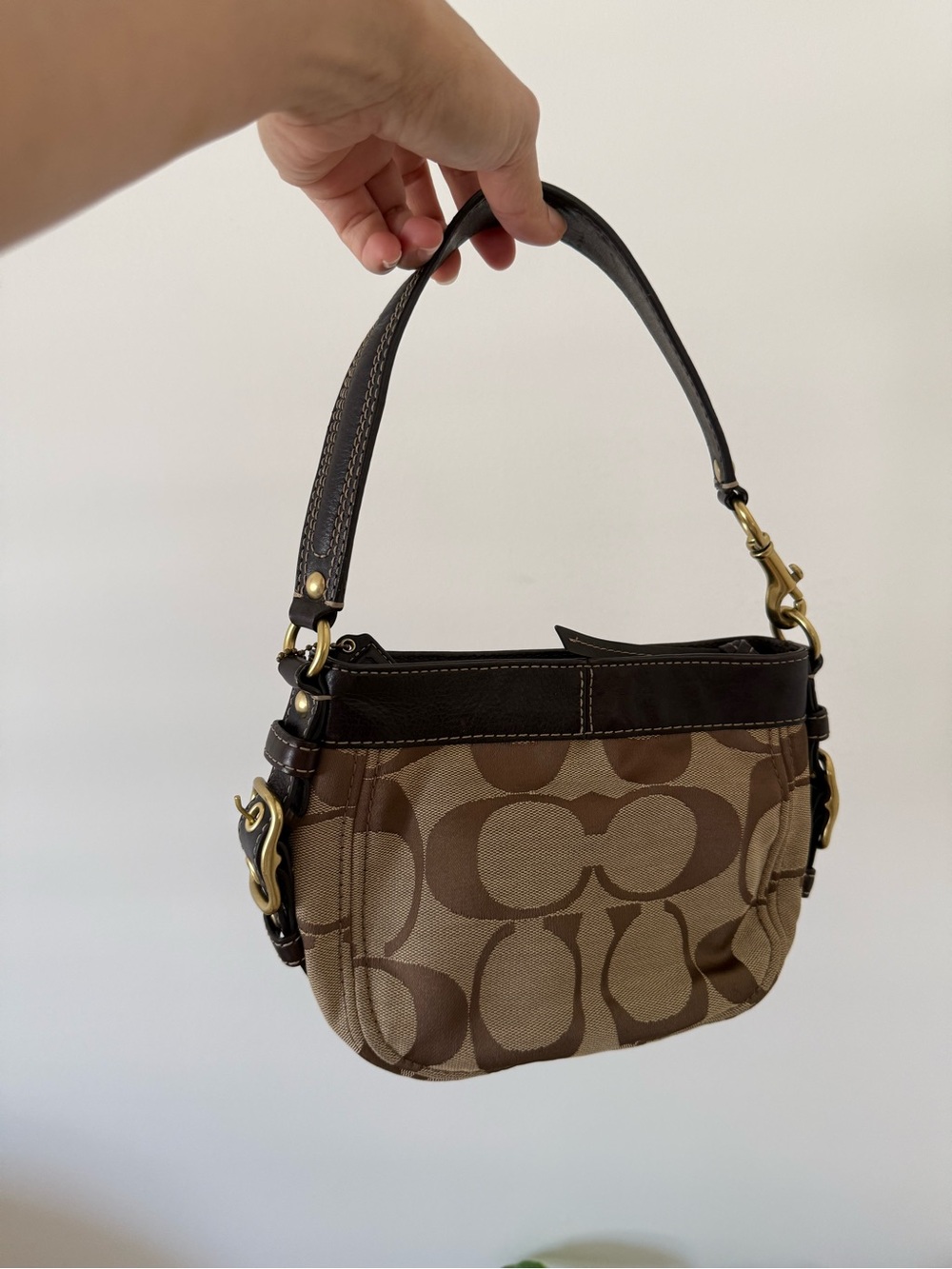 Coach Brown Signature Canvas Shoulder Bag with Dark Brown Trim